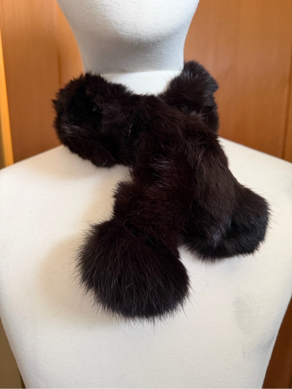 Rabbit Fur Collar Dark brown Scarf 28x2.5” inch as is